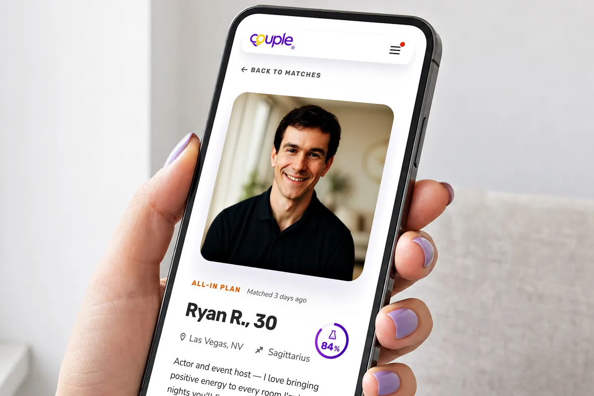 A Couple match profile open on a phone, showing its chemistry score