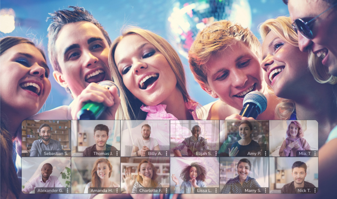 Five young men and women sing into microphones with video thumbnails from a Couple event layered on top.