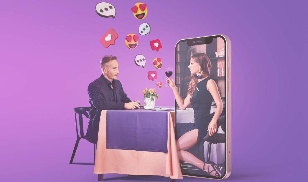 Man at a restaurant table with a woman inside a smartphone screen, holding a glass of wine.