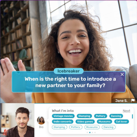 Woman on a Couple online speed date using an icebreaker question that says "when is the right time to introduce a new partner to your family?"