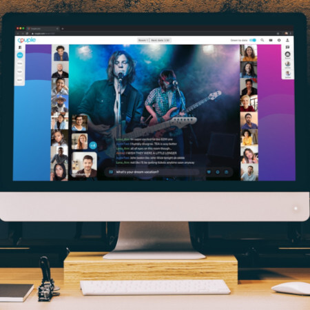 Computer screen showing a Couple.com after-party livestream. Musicians are playing in the center of the screen, surrounded by smaller video images of Couple users watching the performance.  