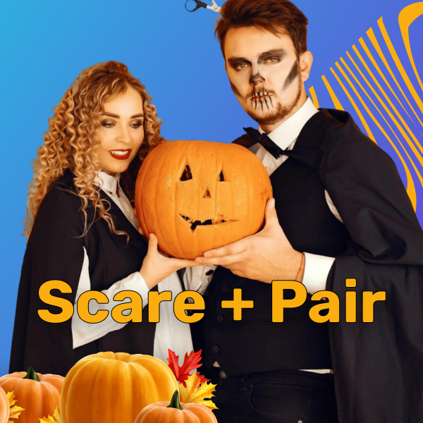 Man and woman dressed as vampires and holding jack-o-lantern. Overlayed text that says "Scare and Pair"