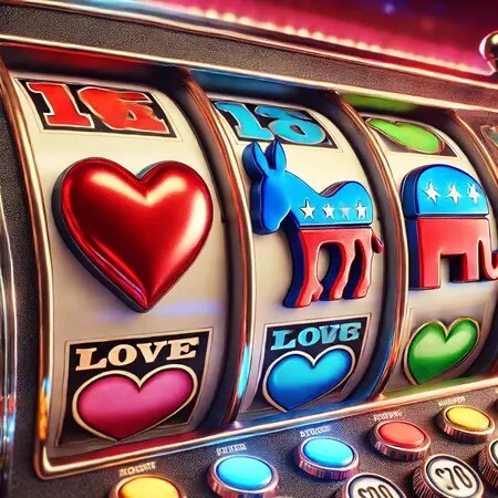 Dating across political aisles image : slot machine with heart, donkey (democrat symbol), and elephant (republican symbol)