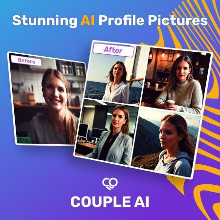 AI Portrait graphic. Before and after images of user with text that says "Stunning AI Profile Pictures. Couple AI"
