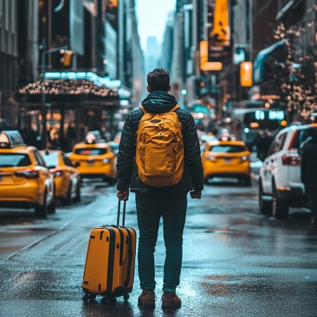 Man who just moved to New York City standing alone in the middle of the street. He wears a backpack and pulls a suitcase. Taxis and cars line the street.