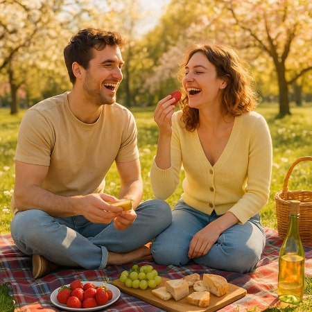 Man and woman sitting in park having a picnic.