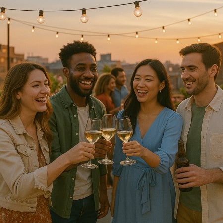 Group of friends at an outdoor party holding up their wine glasses.